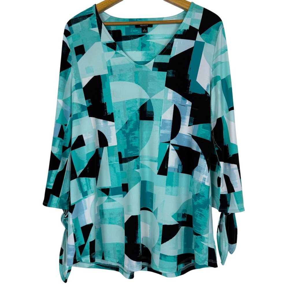 Alfani Abstract Geometric Print Tunic Top Sz Medium Tie Sleeves Artsy Green
